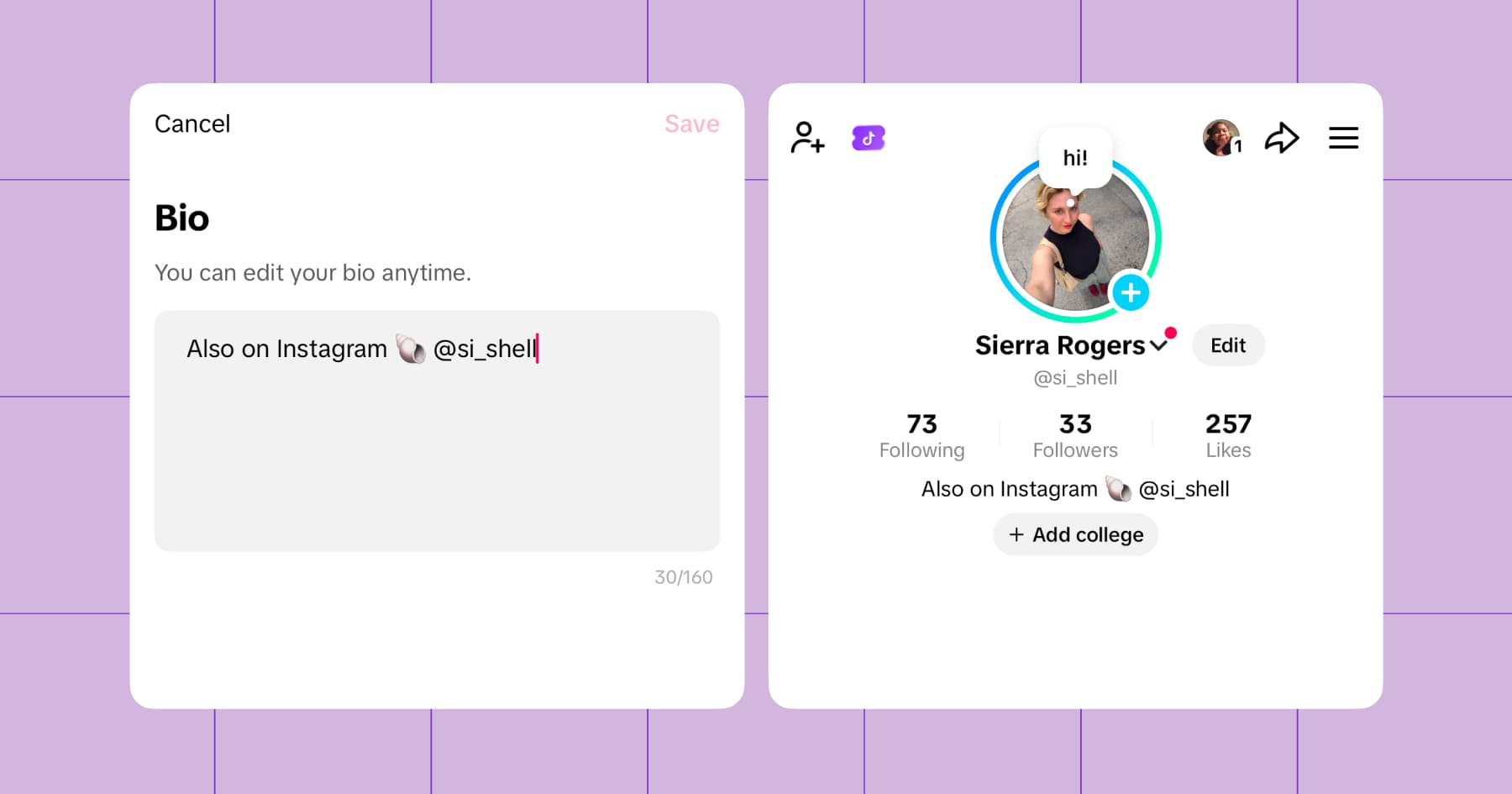 Screenshot of adding an Instagram handle to a TikTok bio 