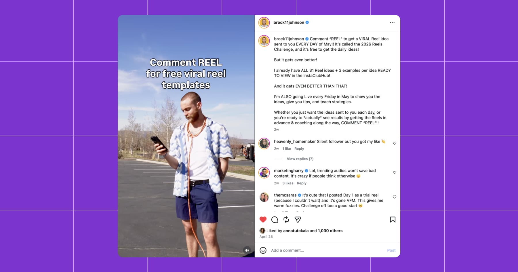 Screenshot of a Brock Johnson Instagram post with a template lead magnet example 