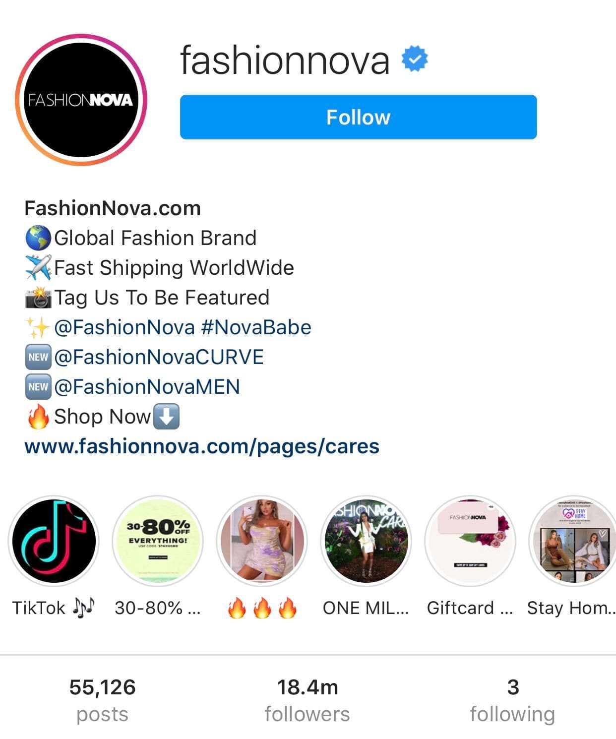 Fashion Nova Instagram profile
