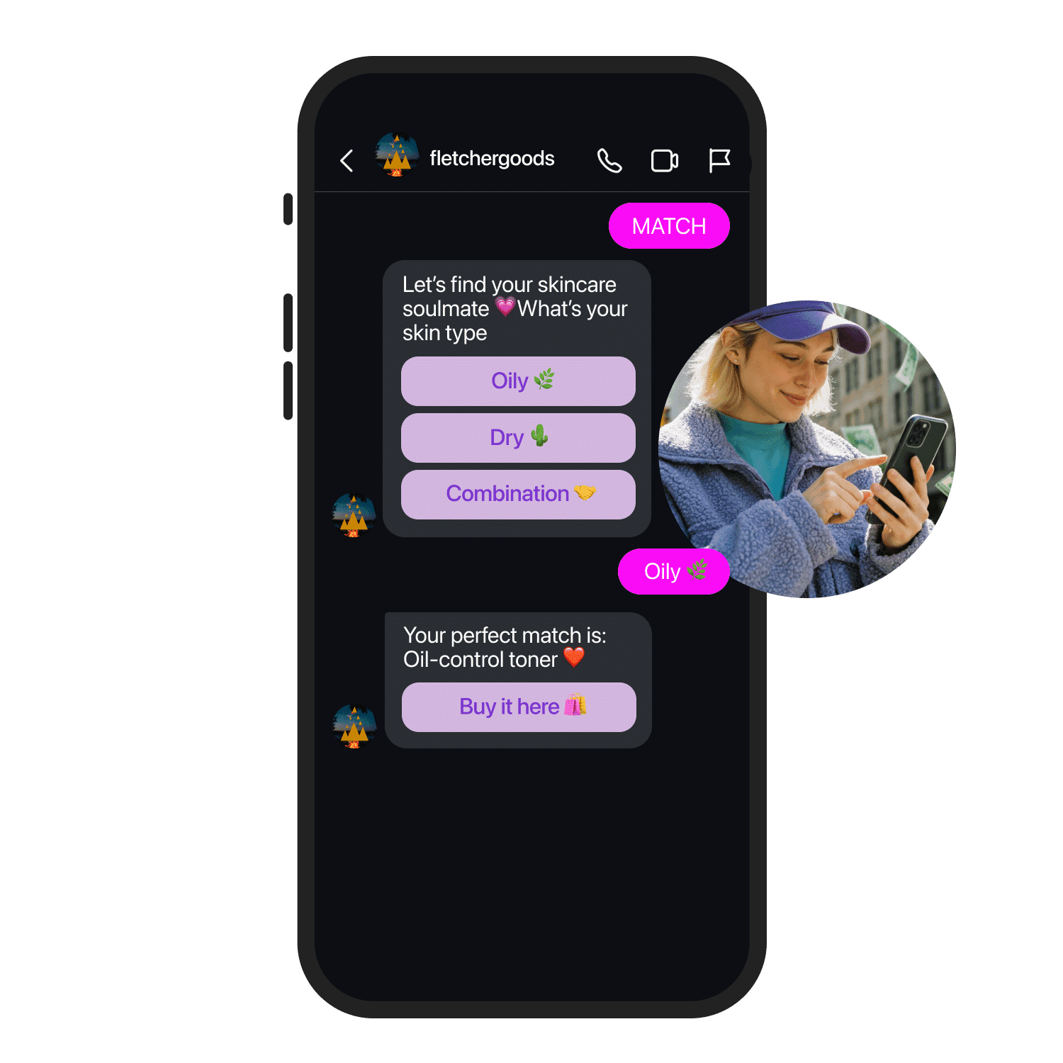 Screenshot of an example of a Manychat Valentine's Day automation template allowing users to play a fun matchmaking game with products