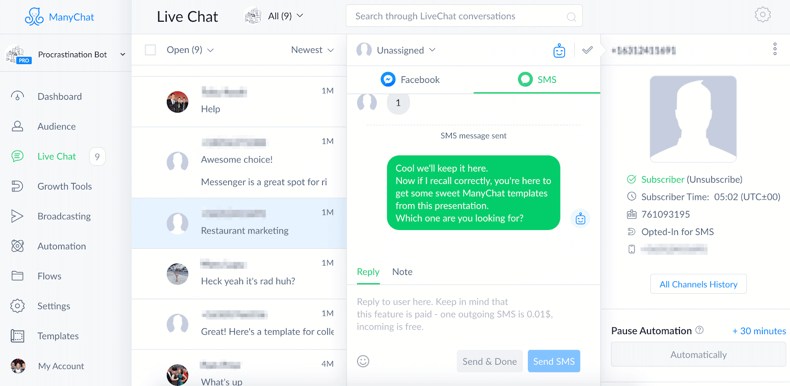 Manychat Live Chat example
