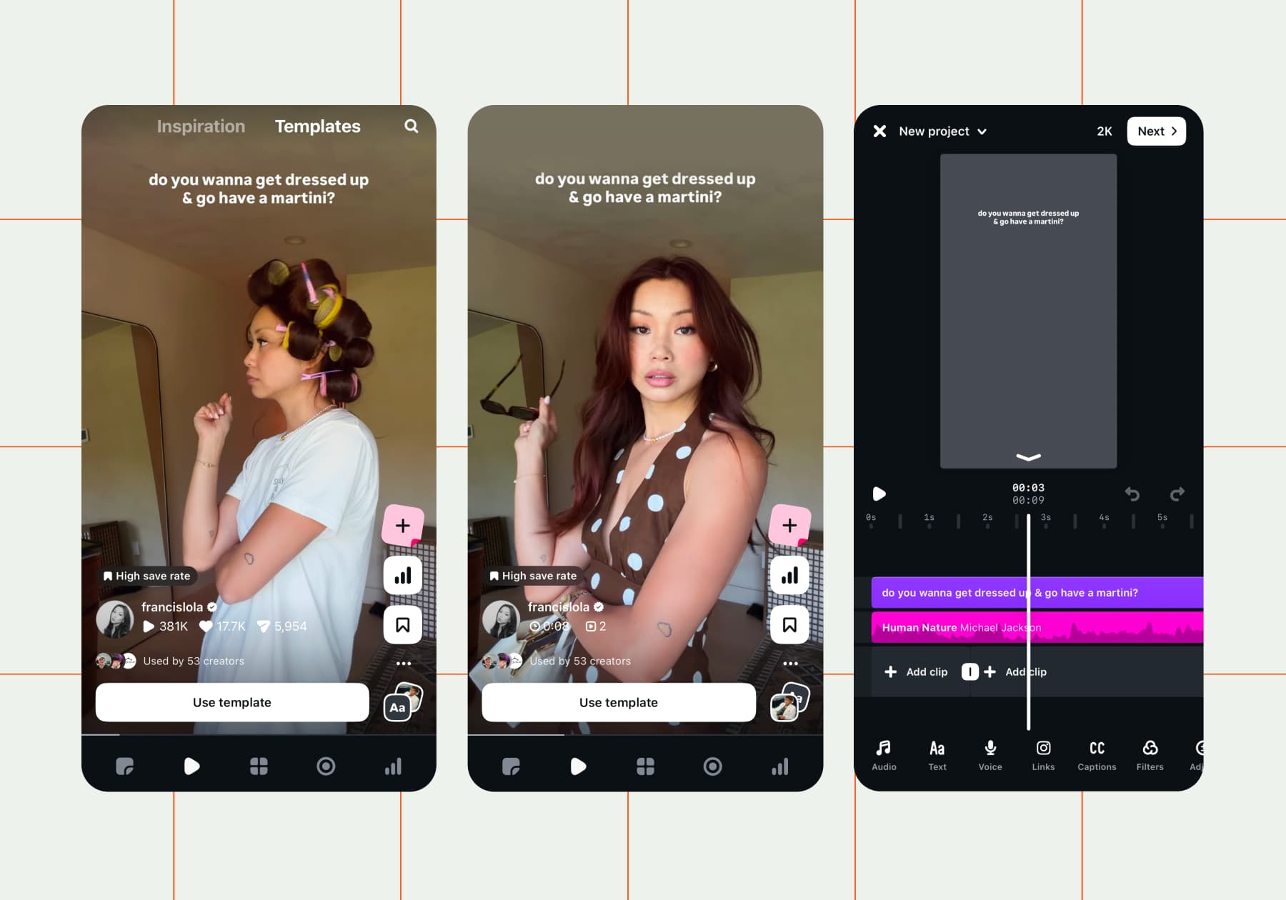 Screenshot of options on the Instagram Edits app