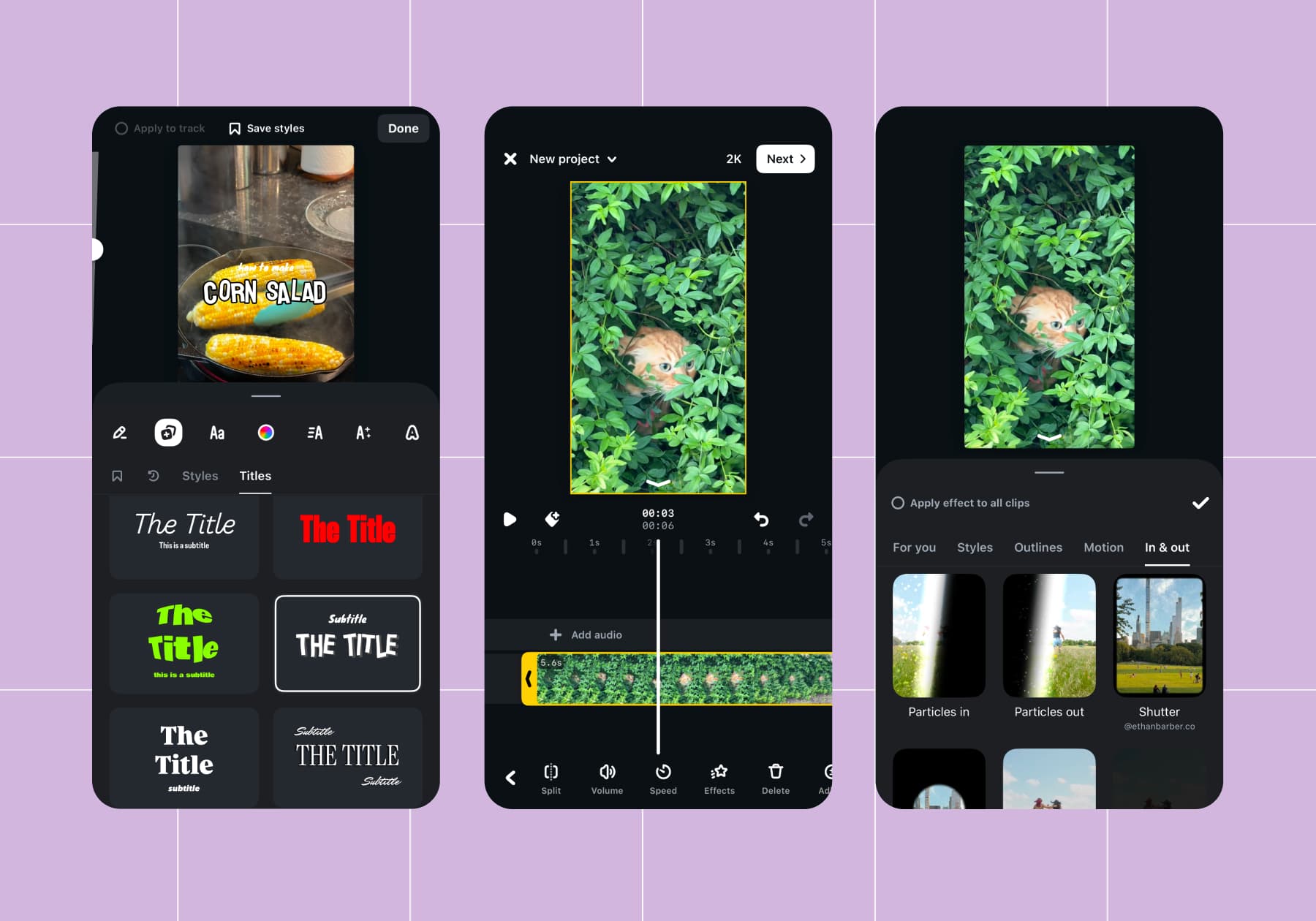 Screenshot of options on the Instagram Edits app