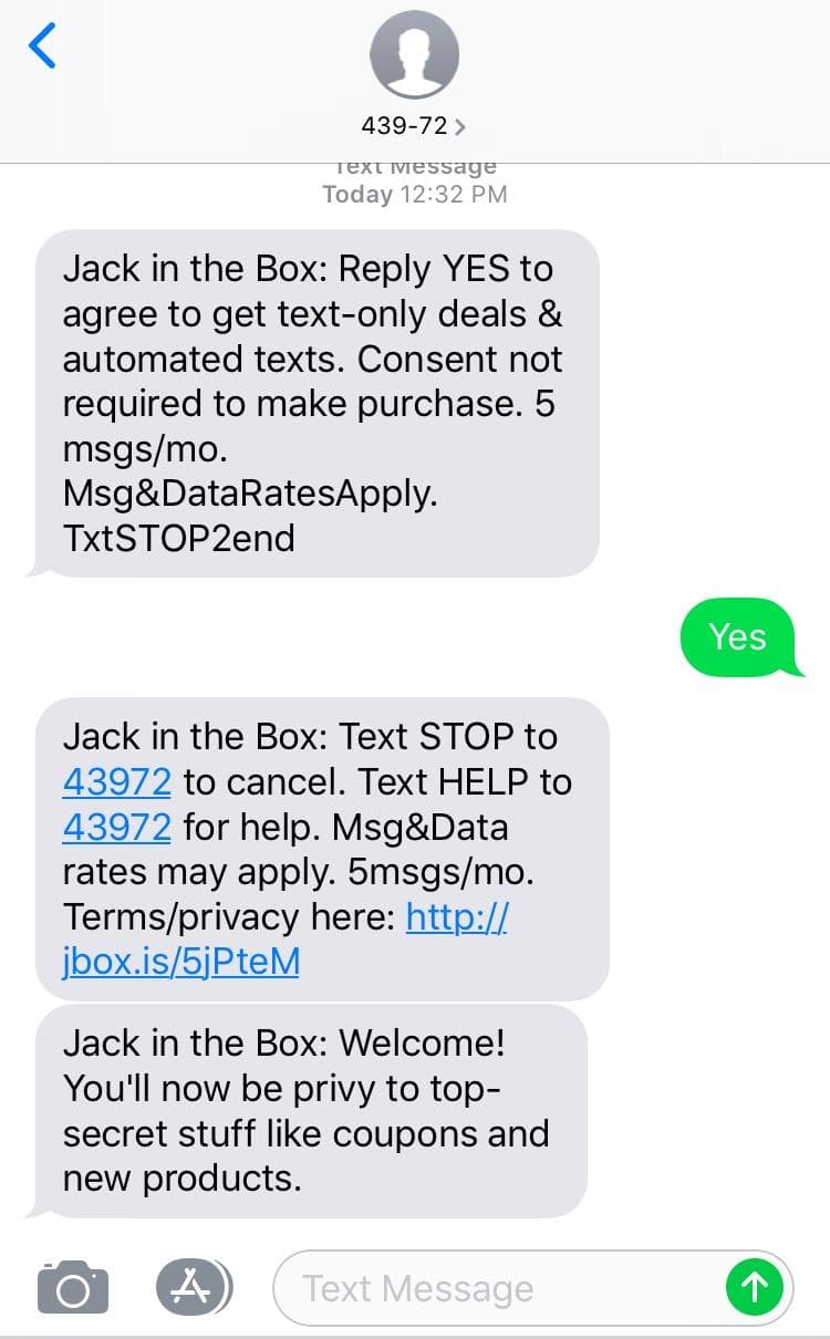 Jack in The Box Text Message Marketing Example