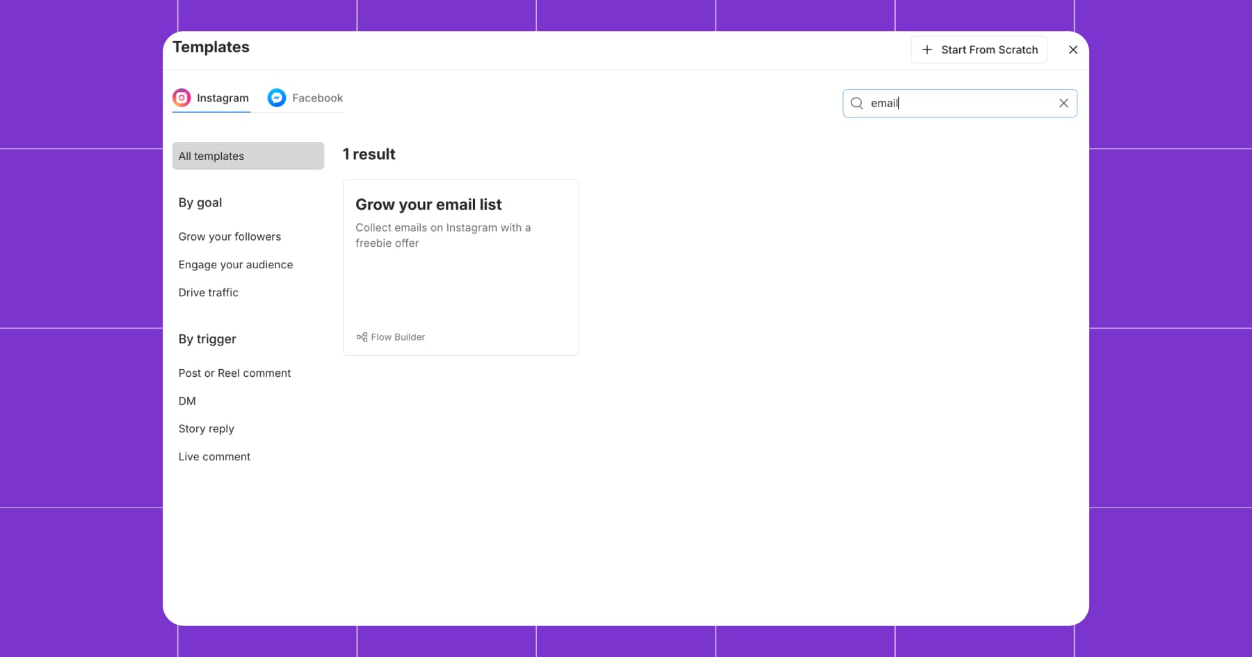 Screenshot of template options for Instagram in Manychat