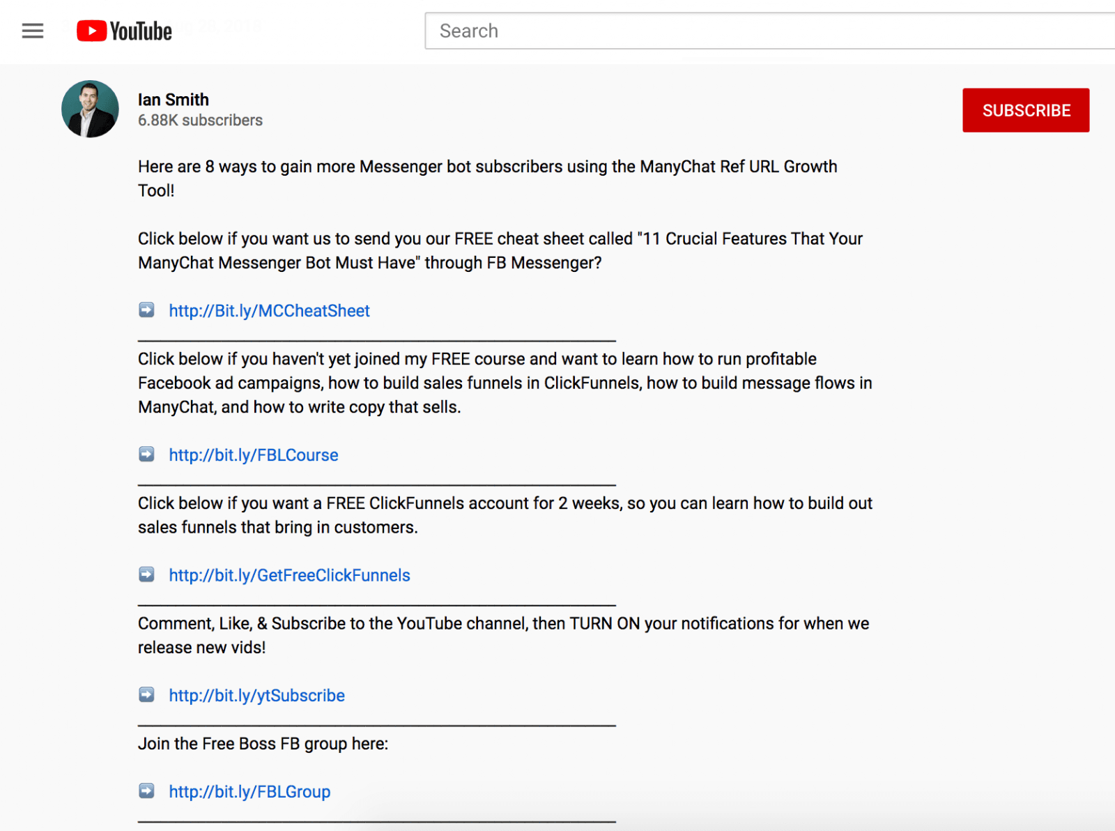 Messenger Ref URL example from YouTube