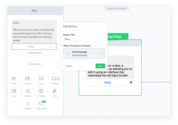 ManyChat Flow Builder step editor