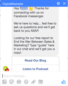 Step 4 to Build a Facebook Messenger Bot: DigitalMarketer Facebook Messenger Welcome Message