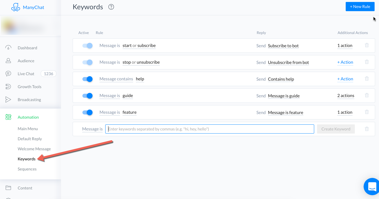 Step 5 to Build a Facebook Messenger Bot: ManyChat Keywords setup