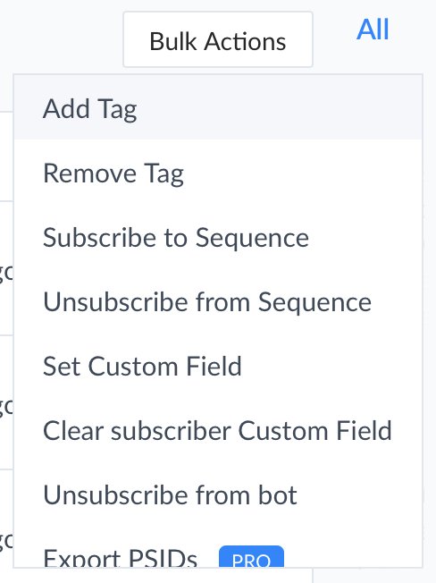 ManyChat audience bulk action menu