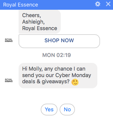 Royal Essence sends subscription broadcast using Facebook Messenger