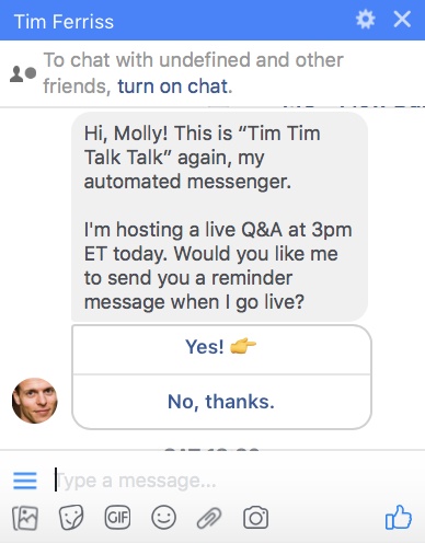 Tim Ferris sends subscription broadcasts using facebook messenger