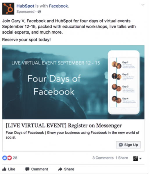 HubSpot post using the message to sign up feature on Facebook