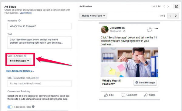 facebook ad CTA send message