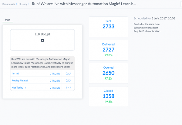 Molly Mahoney's Messenger Bot sending a link to the live video to her audience