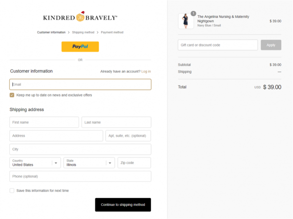 Kindred Bravely shopping cart page via messenger