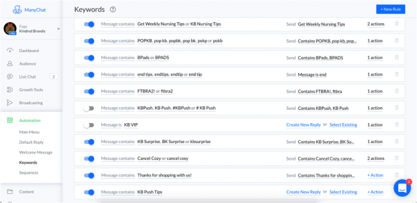 ManyChat bots keyword options Kindred Braverly