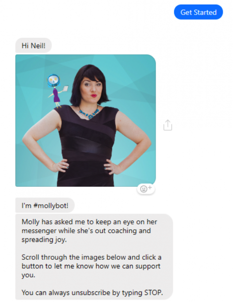 Molly Mahoney welcome message via ManyChat messenger