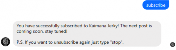 Kaimana Jerky unsubscribe message via manychat