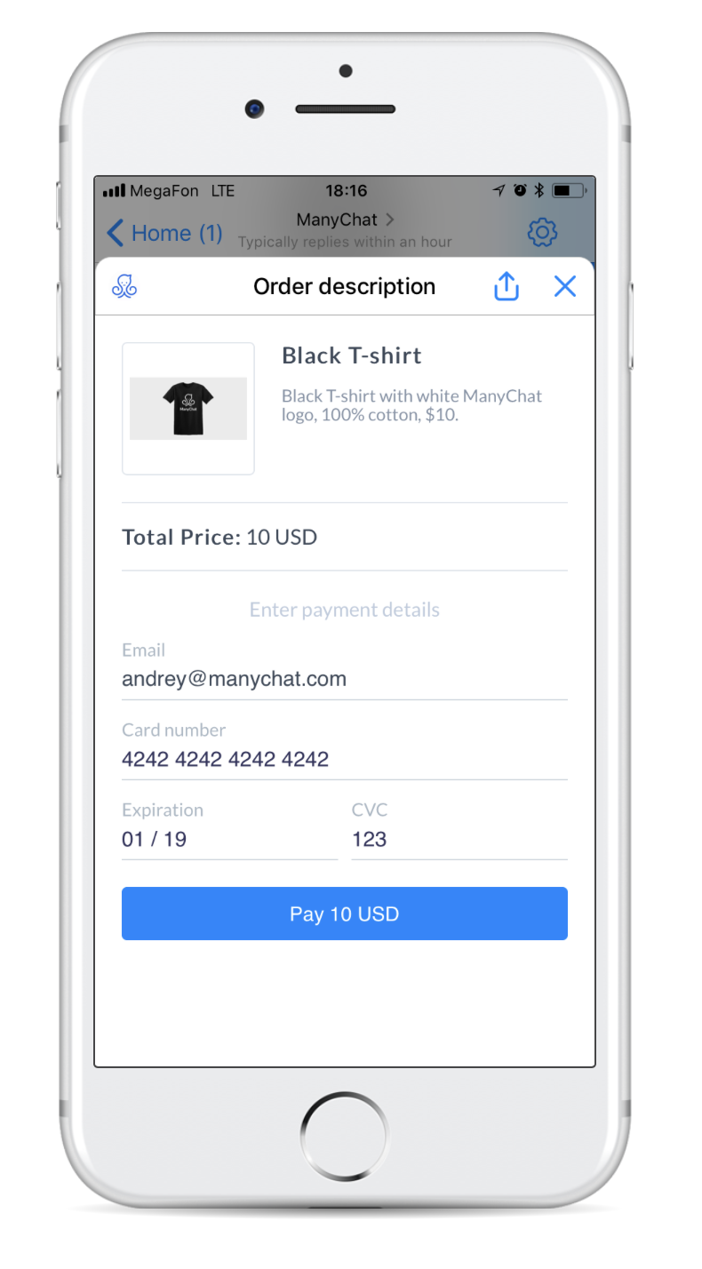 order description example of Facebook Messenger Payments in ManyChat