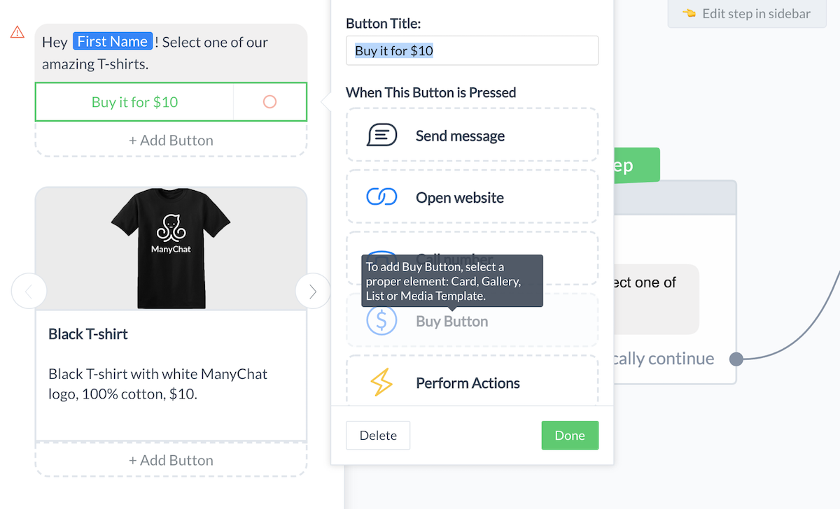 how to use the buy button in for Messenger Pay