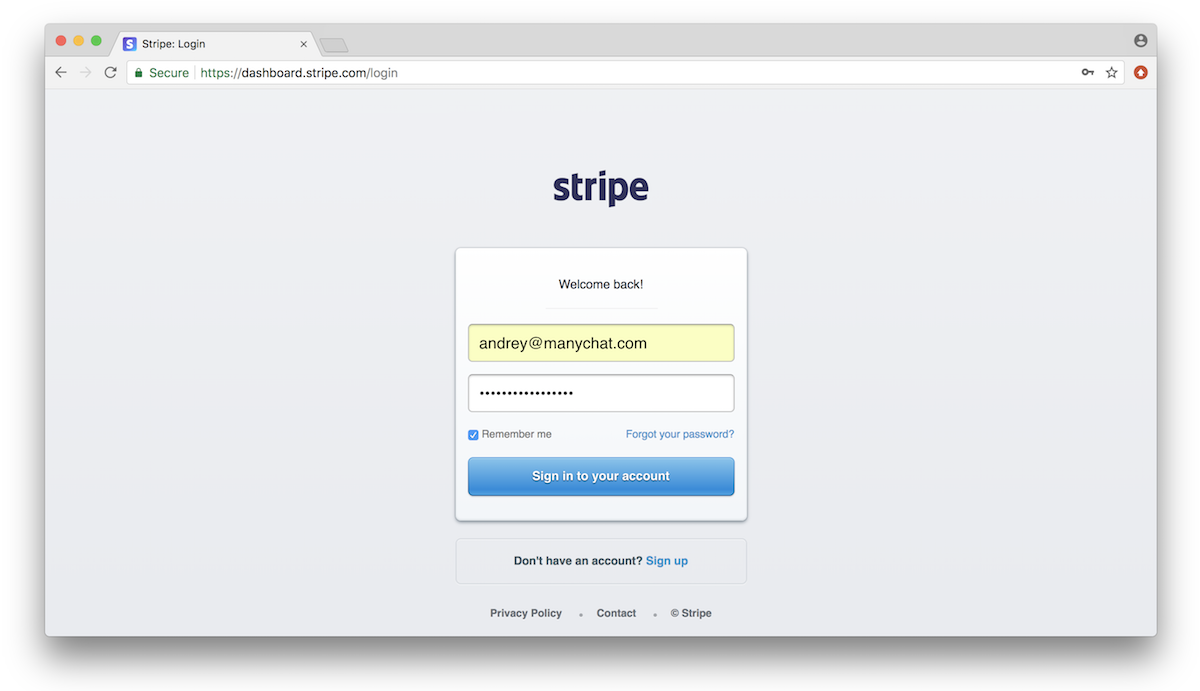 login screen for stripe for facebook messenger payments with manychat
