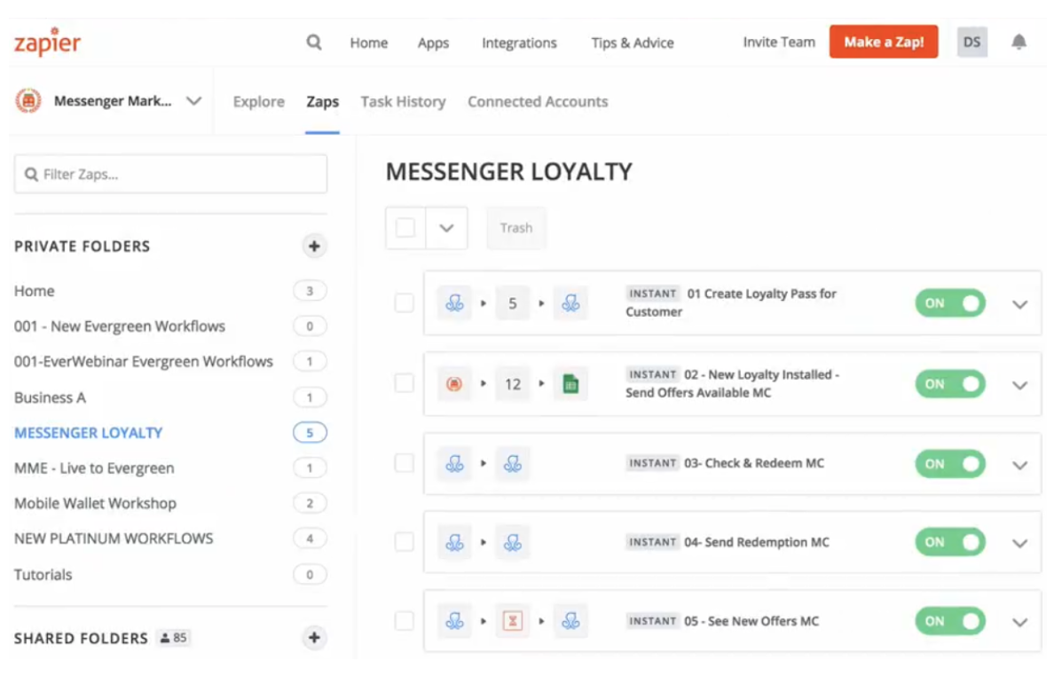 zapier setup for messenger marketing loyalty program