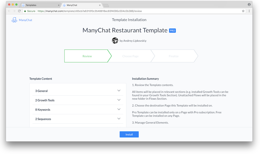 installing manychat templates