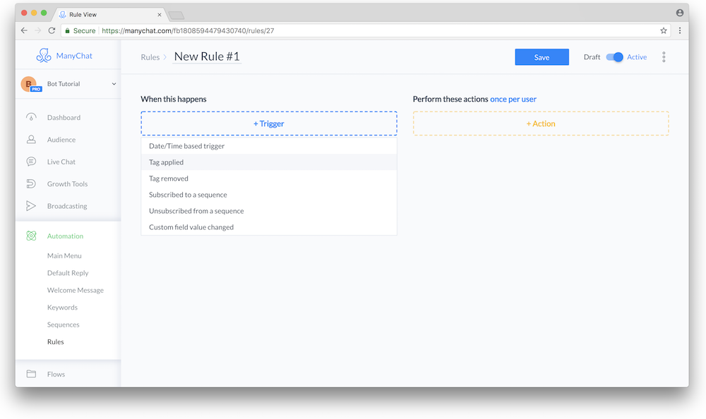 chatbot triggers and rules inside manychat dashboard