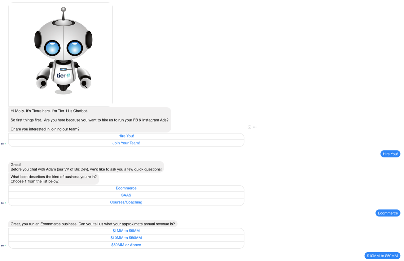 tier 11 facebook chatbot conversation