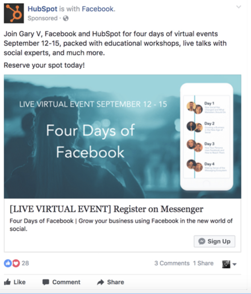 HubSpot Facebook ad for webinar example