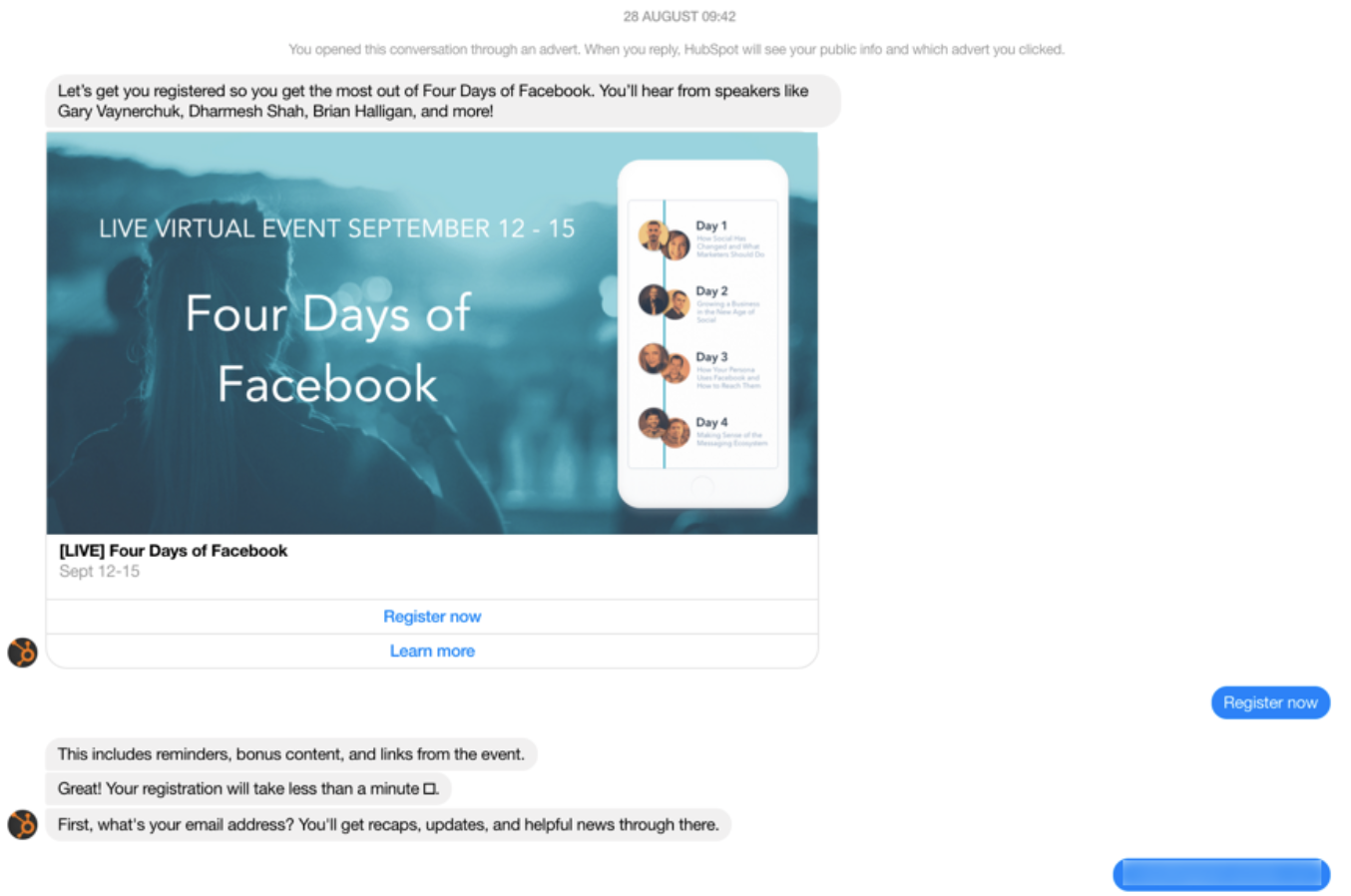 HubSpot Facebook chatbot follow up over webinar registration