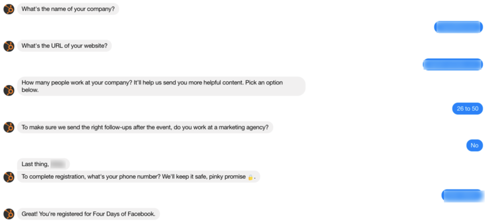 HubSpot Facebook chatbot example