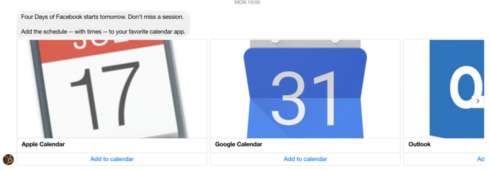 HubSpot facebook chatbot asking registrants to add to their calendar