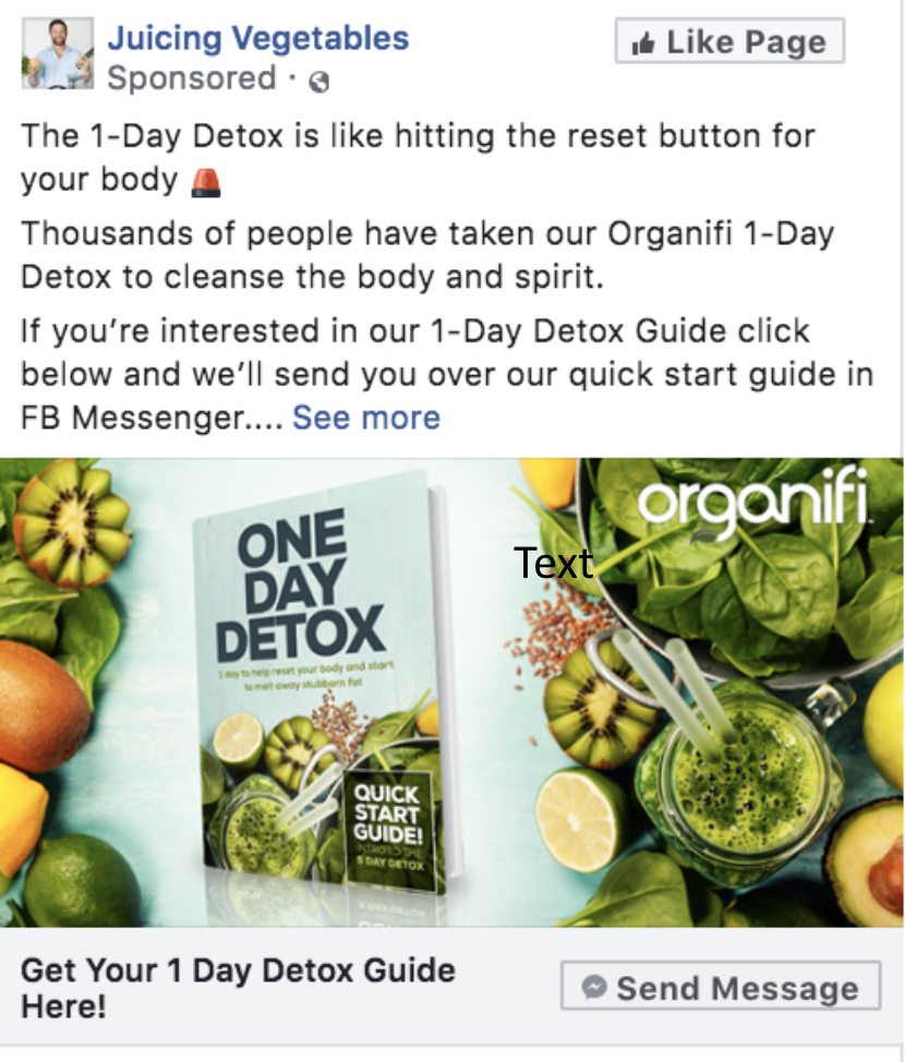 Organifi's 1-day detox Lead Magnet ad delivered via Facebook Chatbot