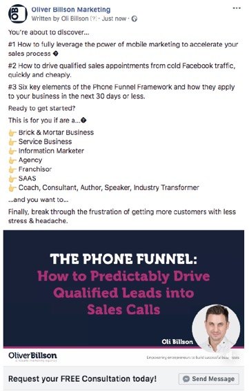 Oli Billson Phone Funnel Framework Ad Example