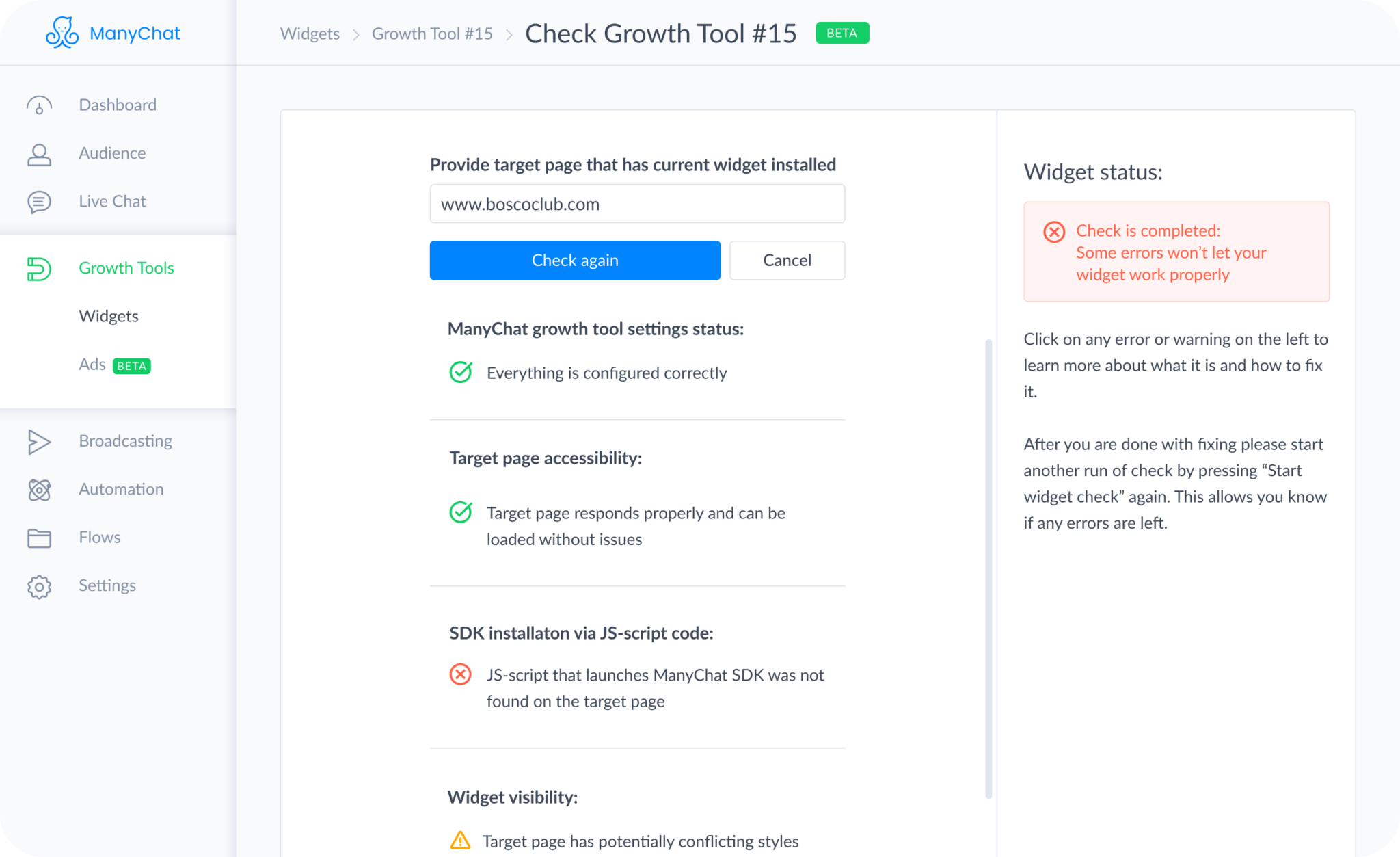 This is what an error looks like with the ManyChat growth tool diagnostic tool