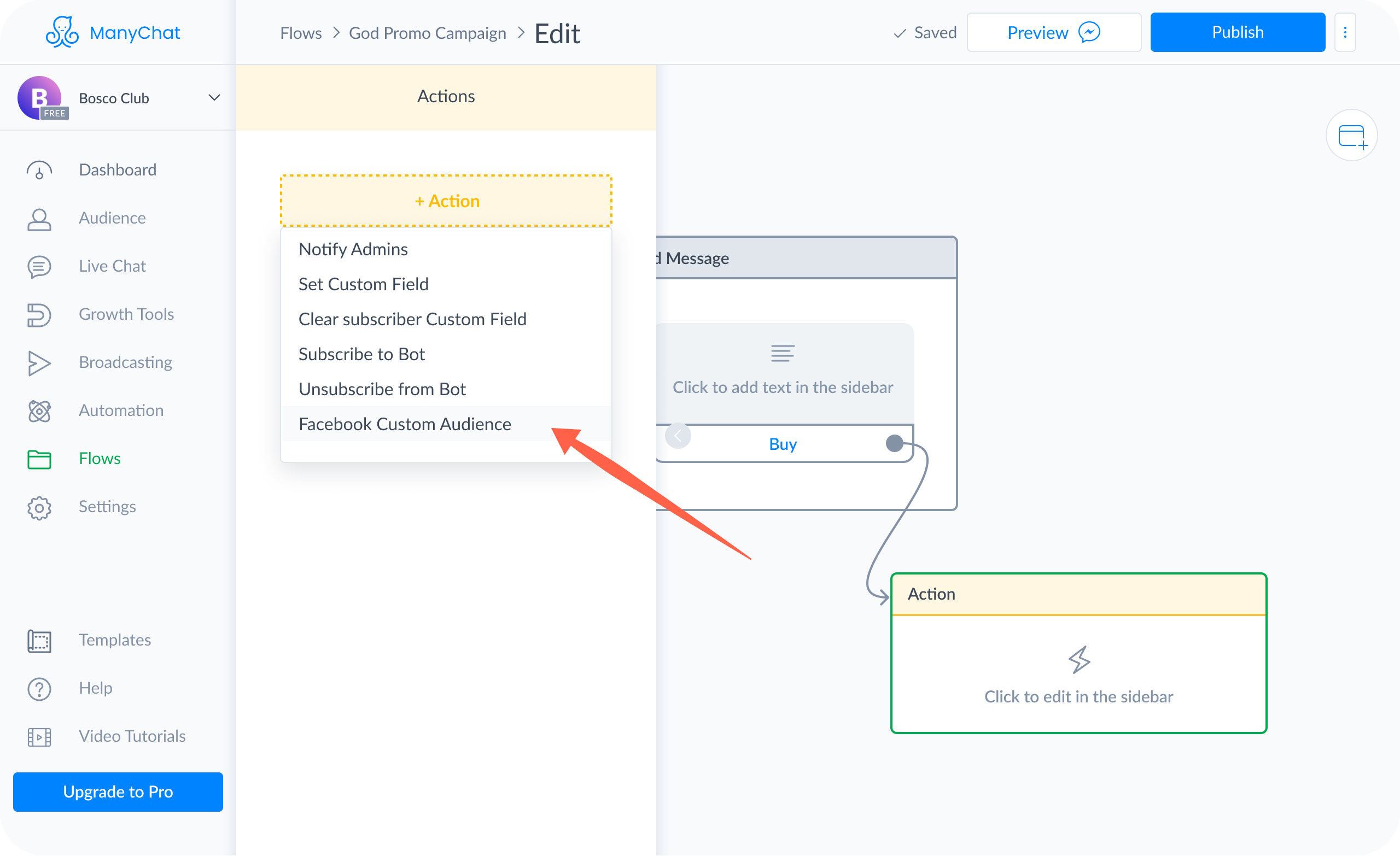 Choose "Facebook Custom Audience" from the list of available Actions