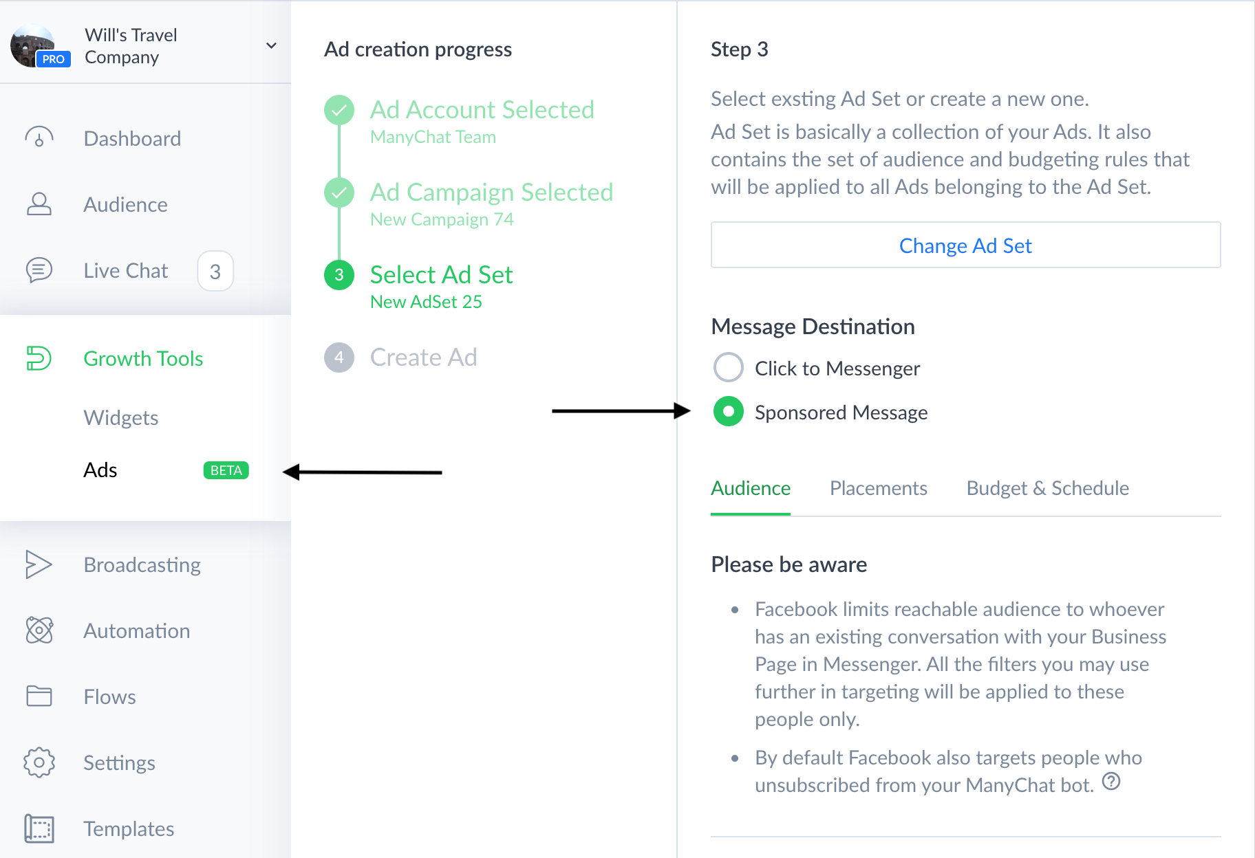 facebook messenger platform settings for manychat integration