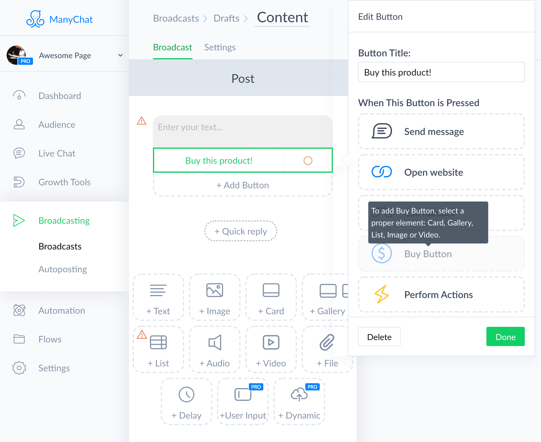 How to add buy button to flow in ManyChat