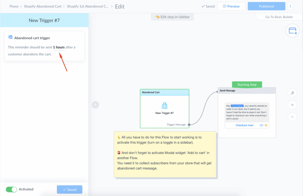 Shopify and ManyChat abandoned cart flow