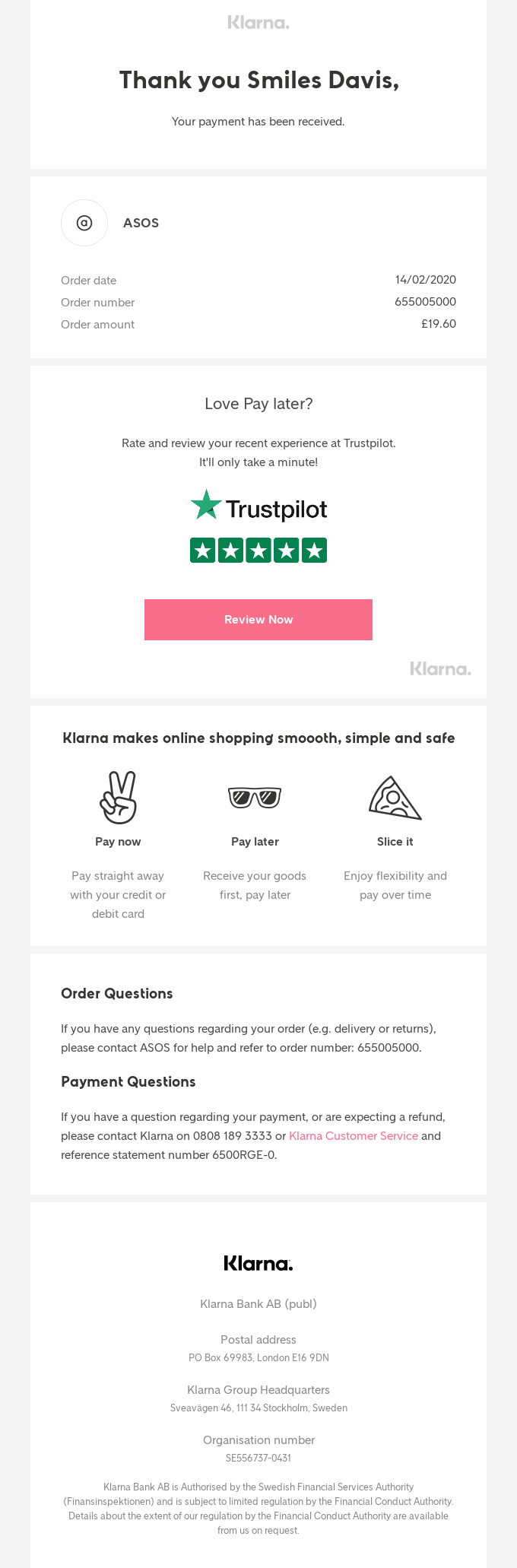 Transactional Email - Klarna