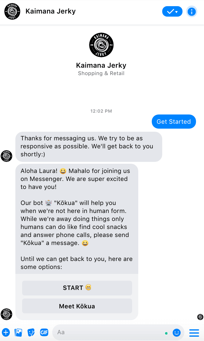 Kamina Jerky Facebook Messenger bot example