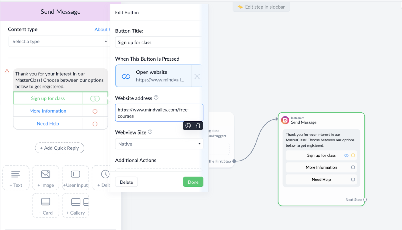 Using an Instagram automation button to link to a website