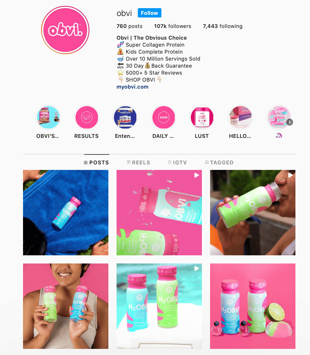 @Obvi incorporates its bright brand colors into its Instagram account via its profile picture, feed posts, and Story highlight covers.