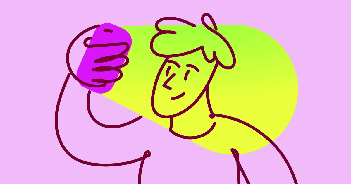 Cartoon man stares at his phone in a pink background