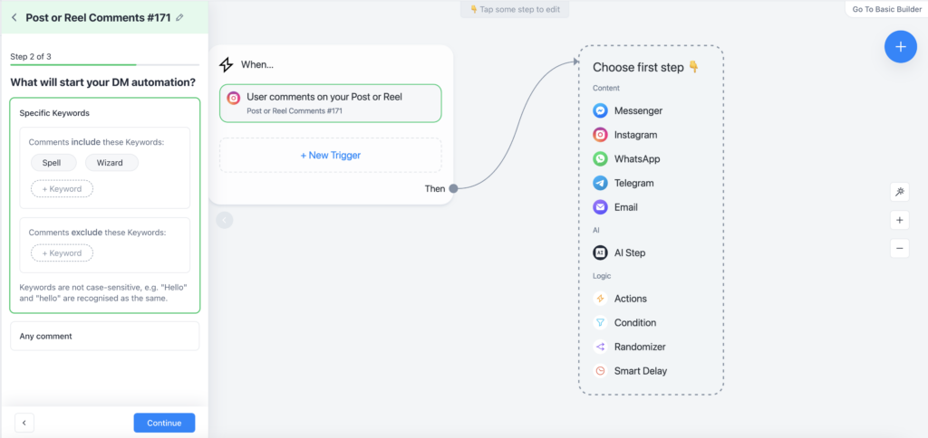 Setting a keyword on Manychat