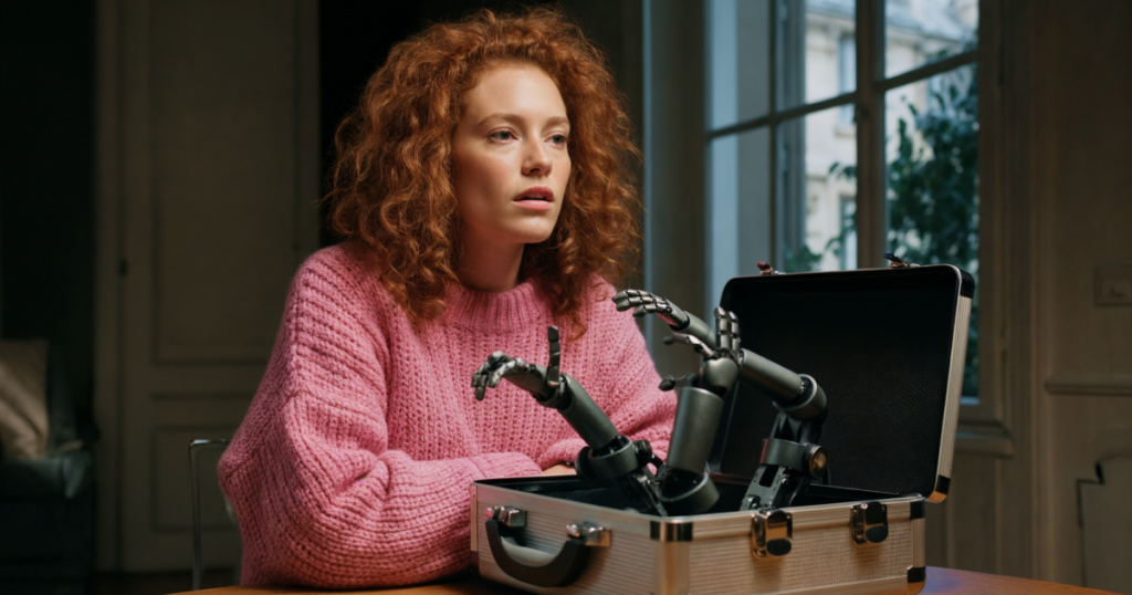 Woman with briefcase of robot arms