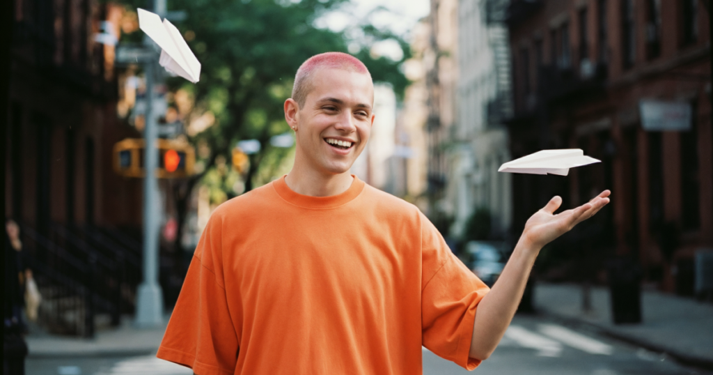 man with pink hair and paper airplanes