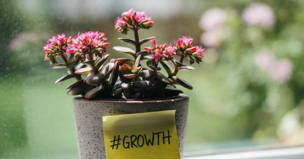 Image of a plant in a pot in front of a window. There's a sticky note on the pot that reads #growth in all caps. 